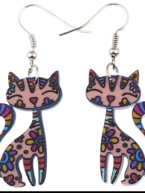 Hand Crafted Colorful Floral Cat Drop Earrings - Cute Cat Design